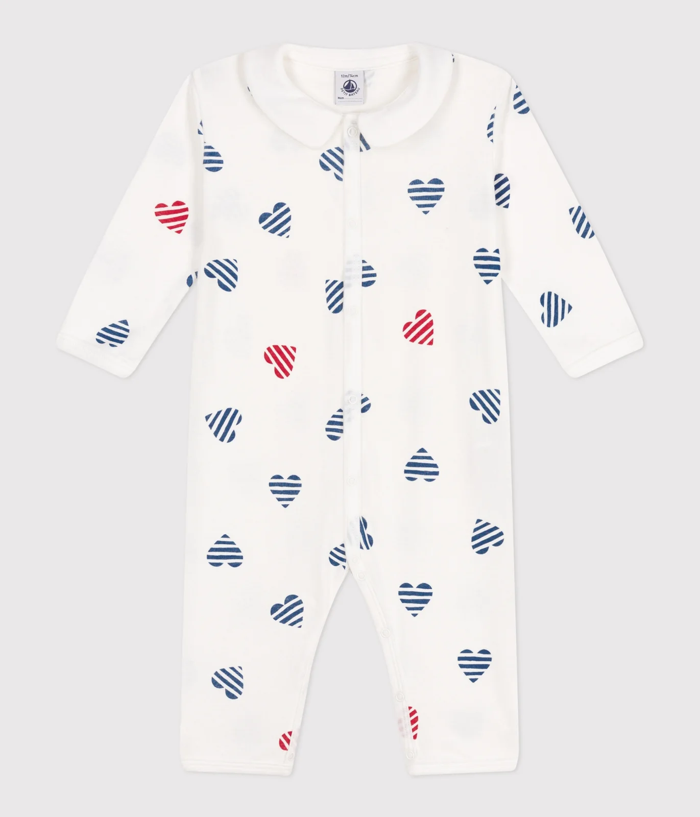 Babies' stripy footless cotton pyjamas with a heart-patterned collar