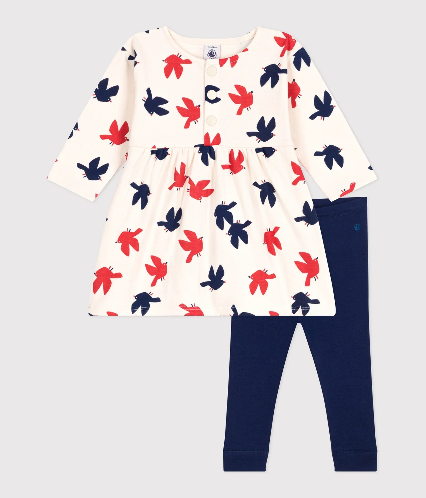 Babies' long-sleeved bird print cotton dress and leggings