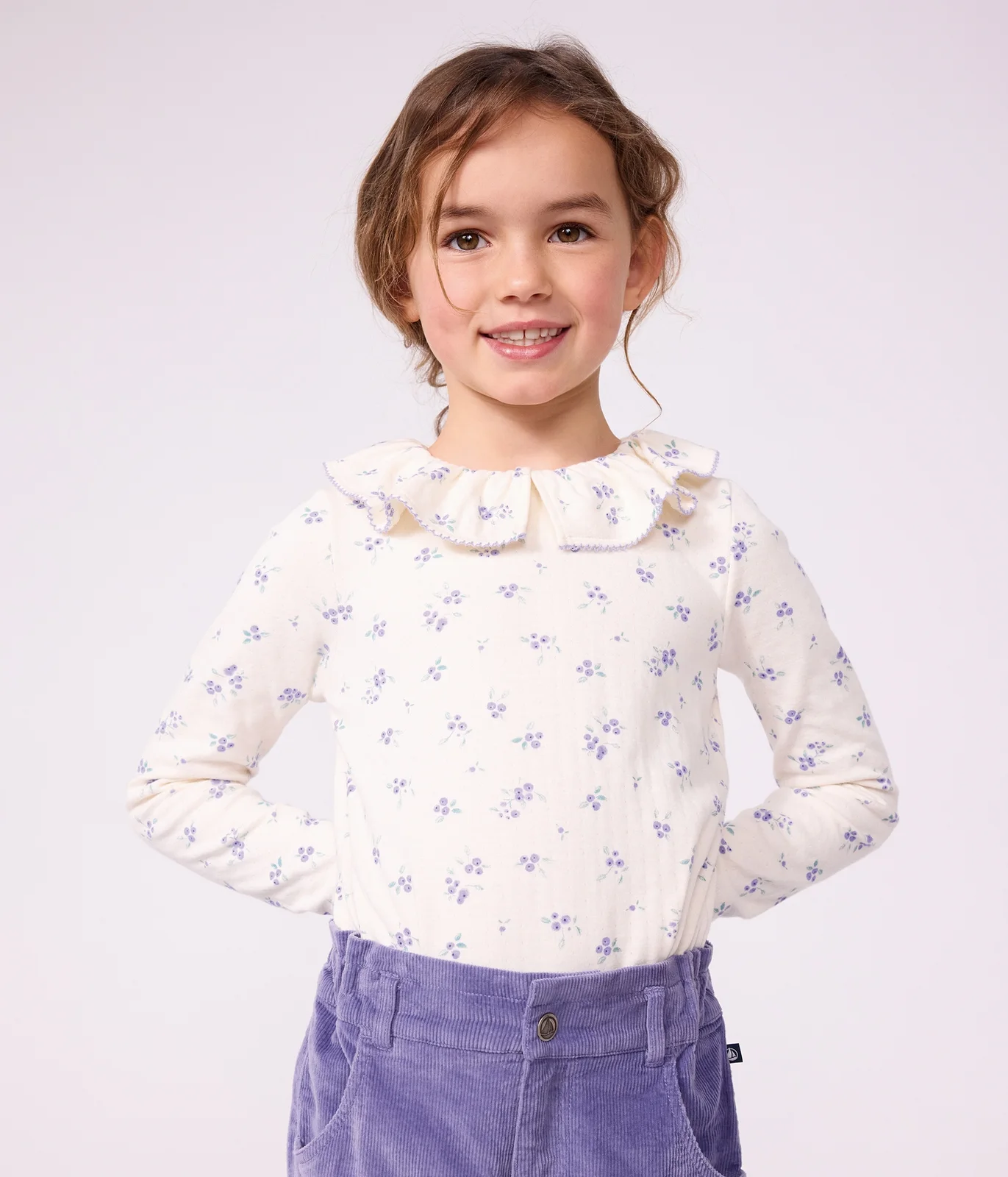 Children's long-sleeved floral T-shirt with a collar