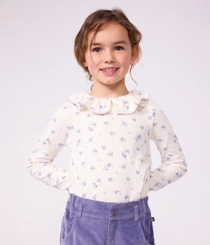 Children's long-sleeved floral T-shirt with a collar