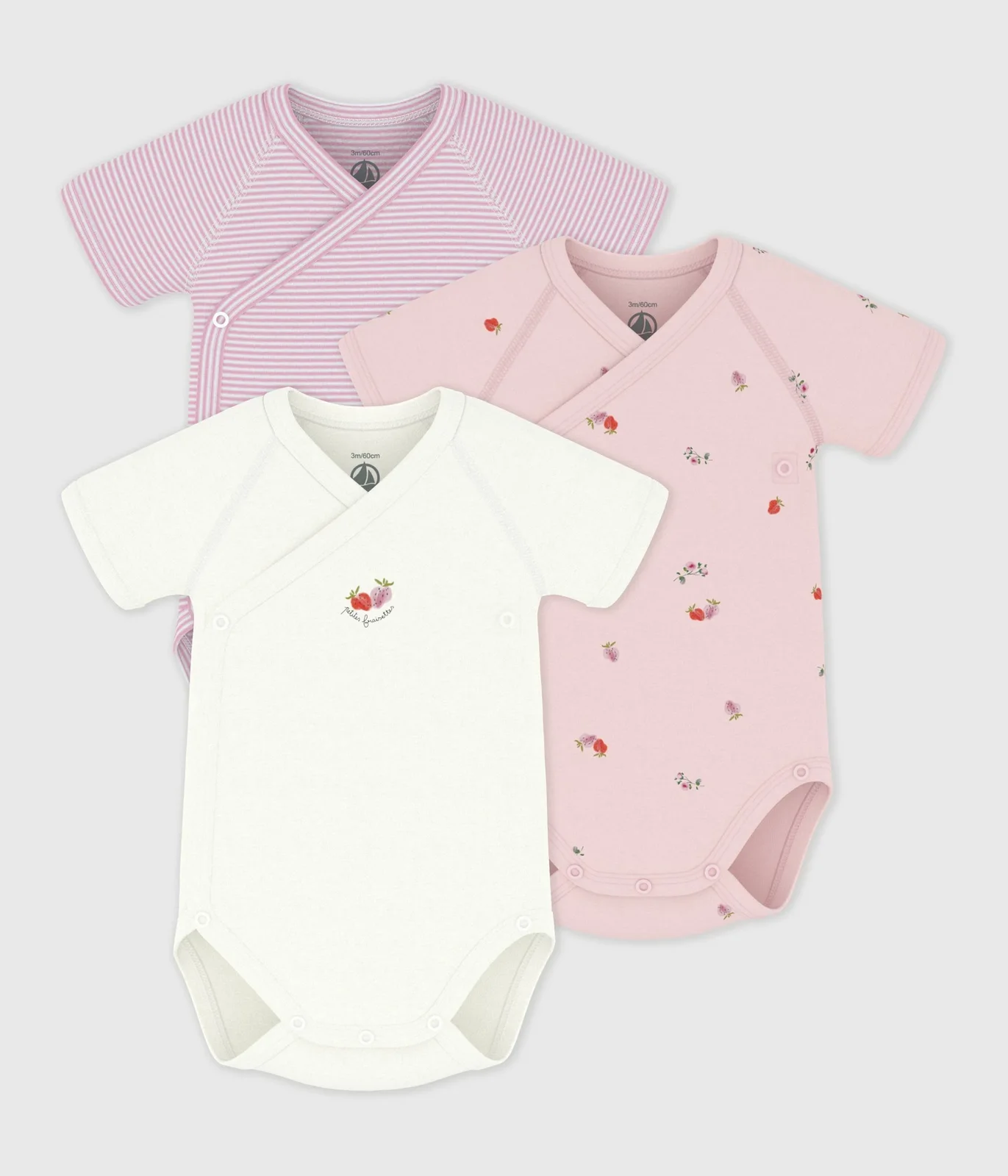 Pack of babies' short-sleeved printed cotton wrapover bodies