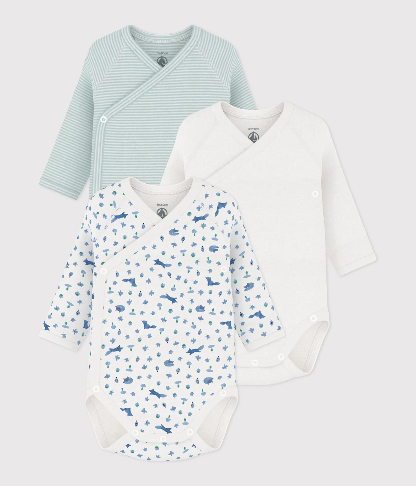 Pack of babies' long-sleeved printed cotton wrapover bodies
