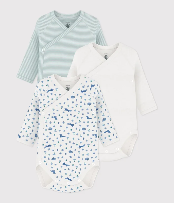 Pack of babies' long-sleeved printed cotton wrapover bodies