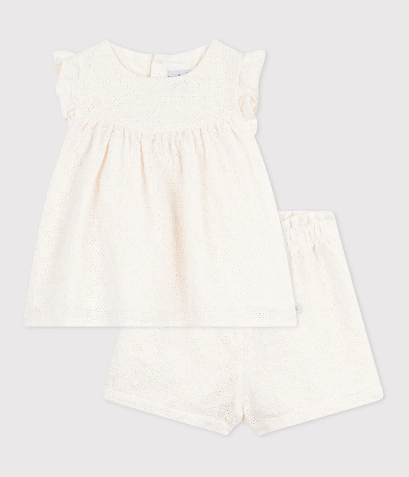 Babies' 2-piece outfit in broderie anglaise, hearts design