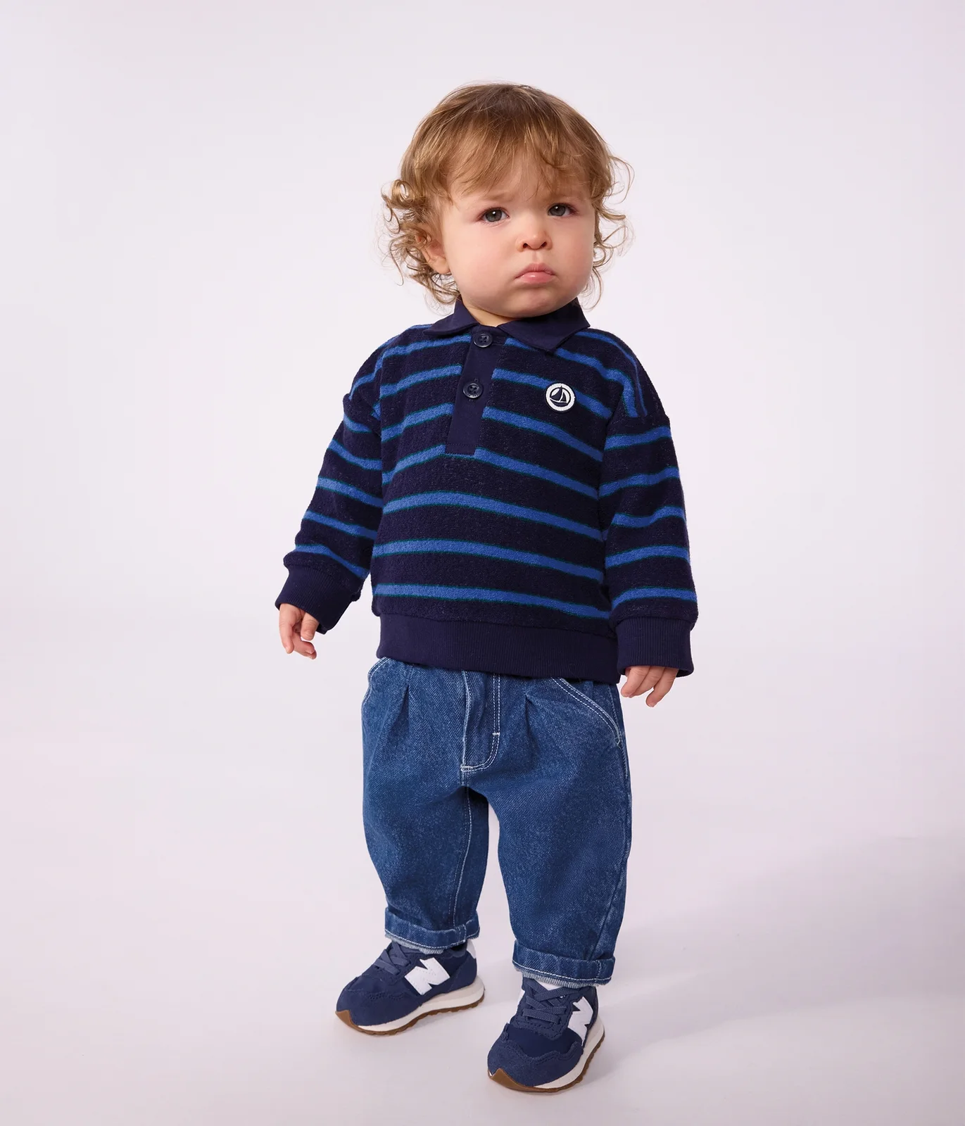 Babies' stripy 0cotton sweatshirt with a polo collar