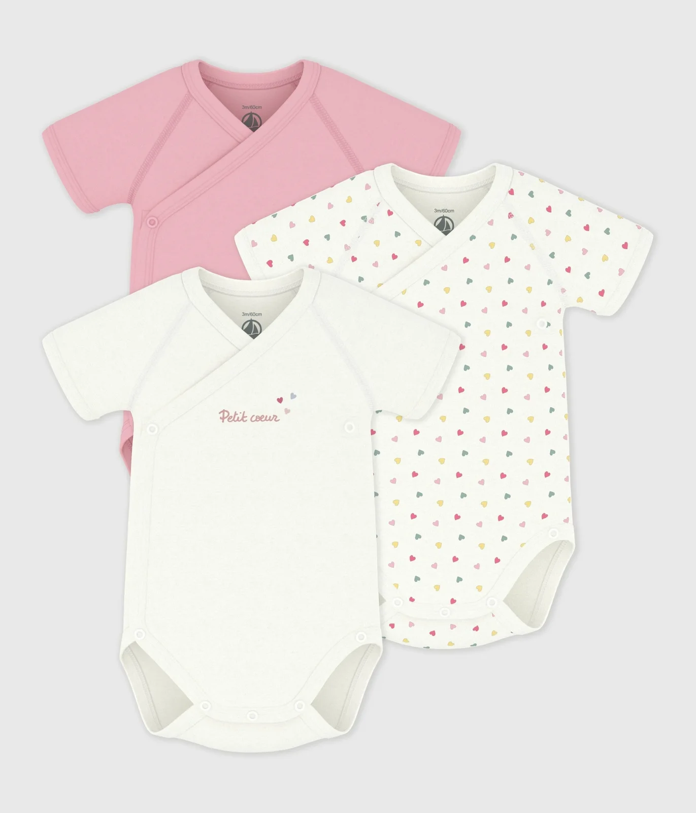 Pack of babies' short-sleeved printed cotton wrapover bodies