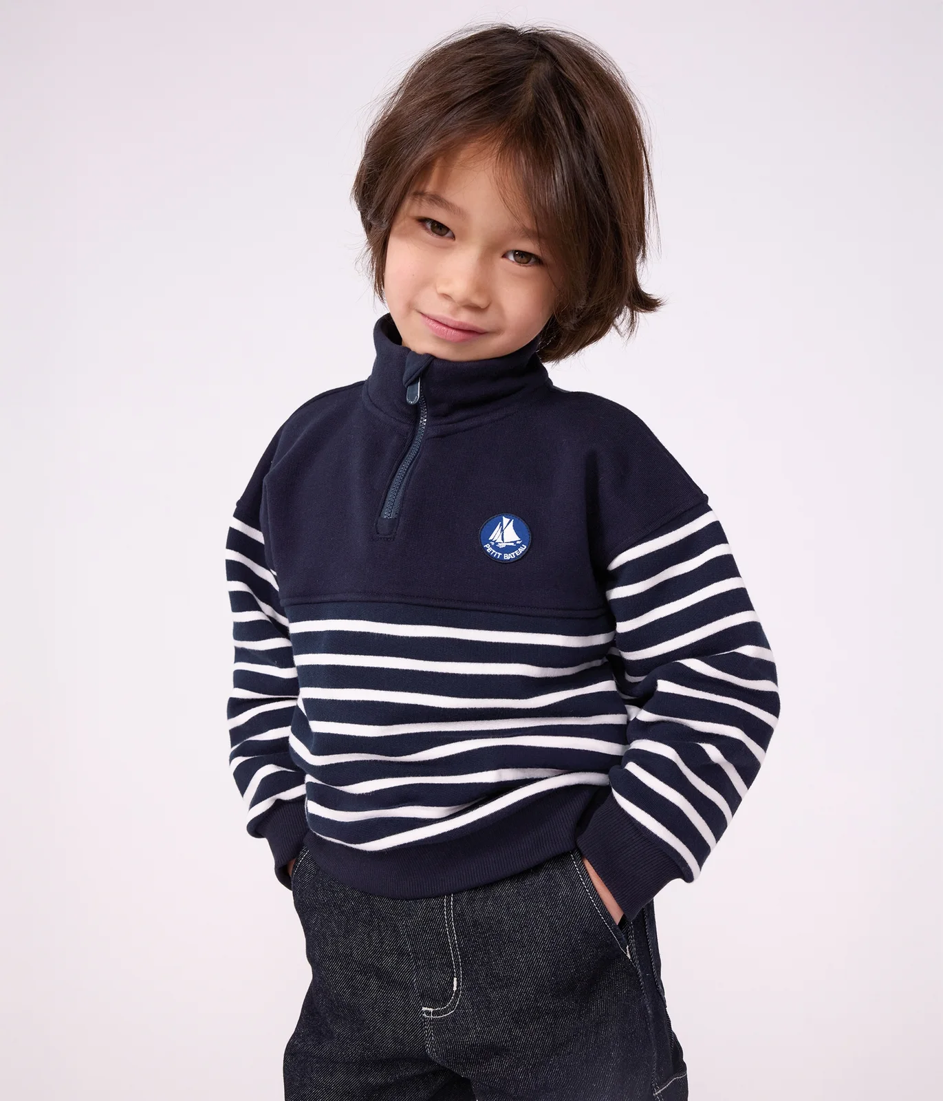 Children's stripy shawl collared cotton sweatshirt