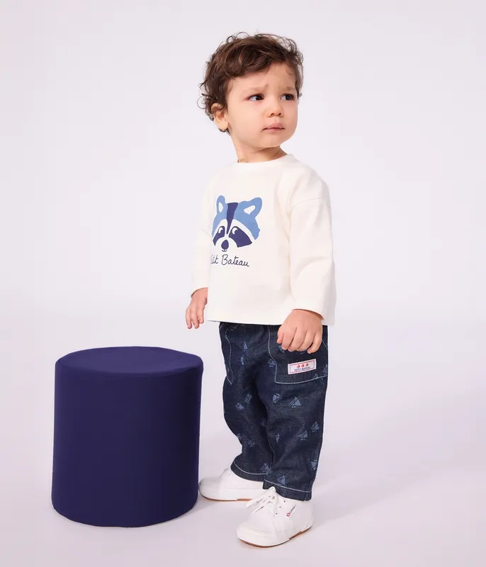 Babies' long-sleeved plain cotton T-shirt with a motif