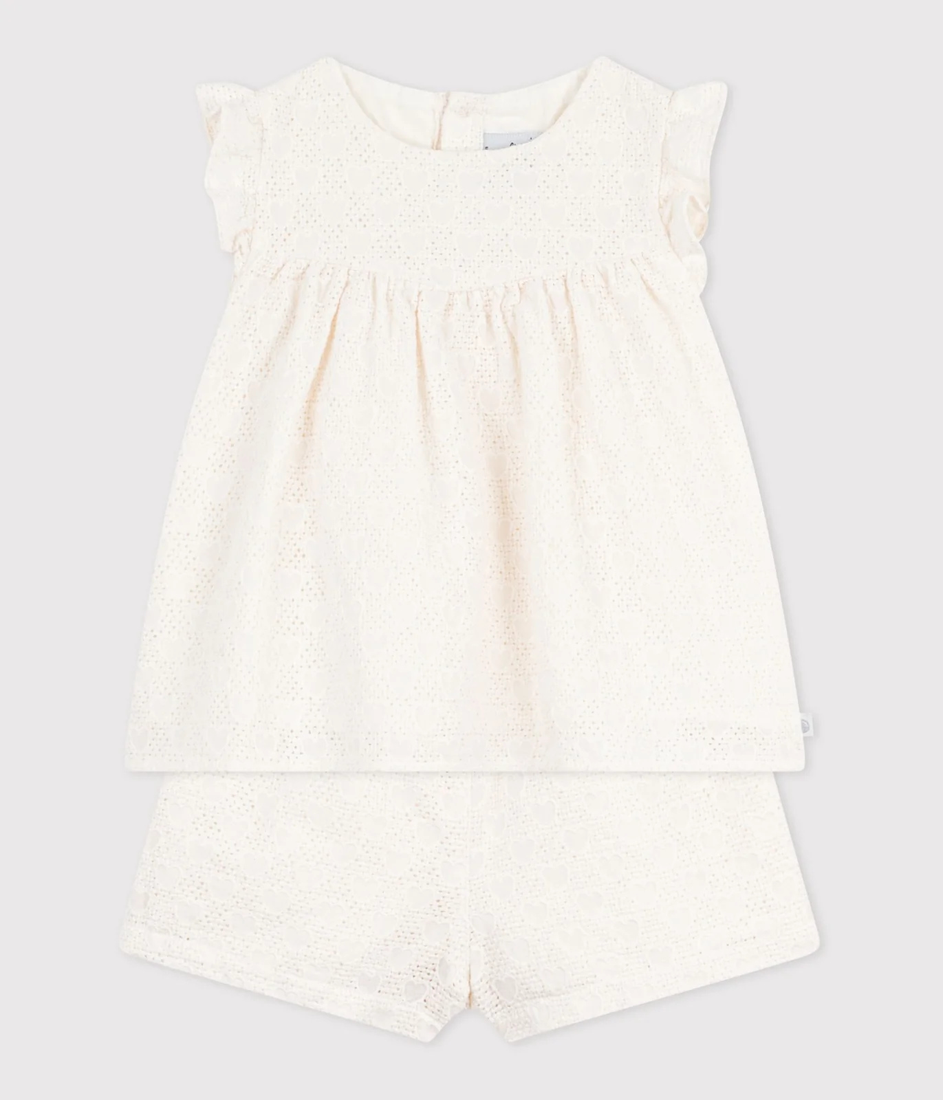 Babies' 2-piece outfit in broderie anglaise, hearts design