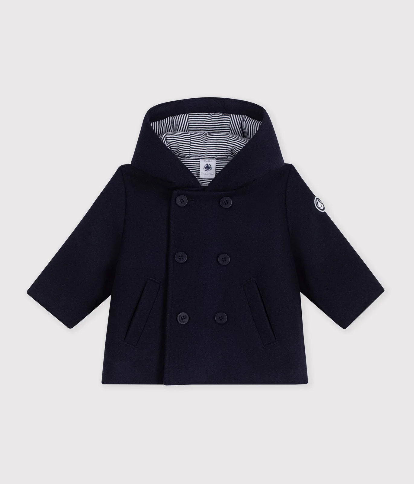 Babies' pea coat in plain woollen broadcloth