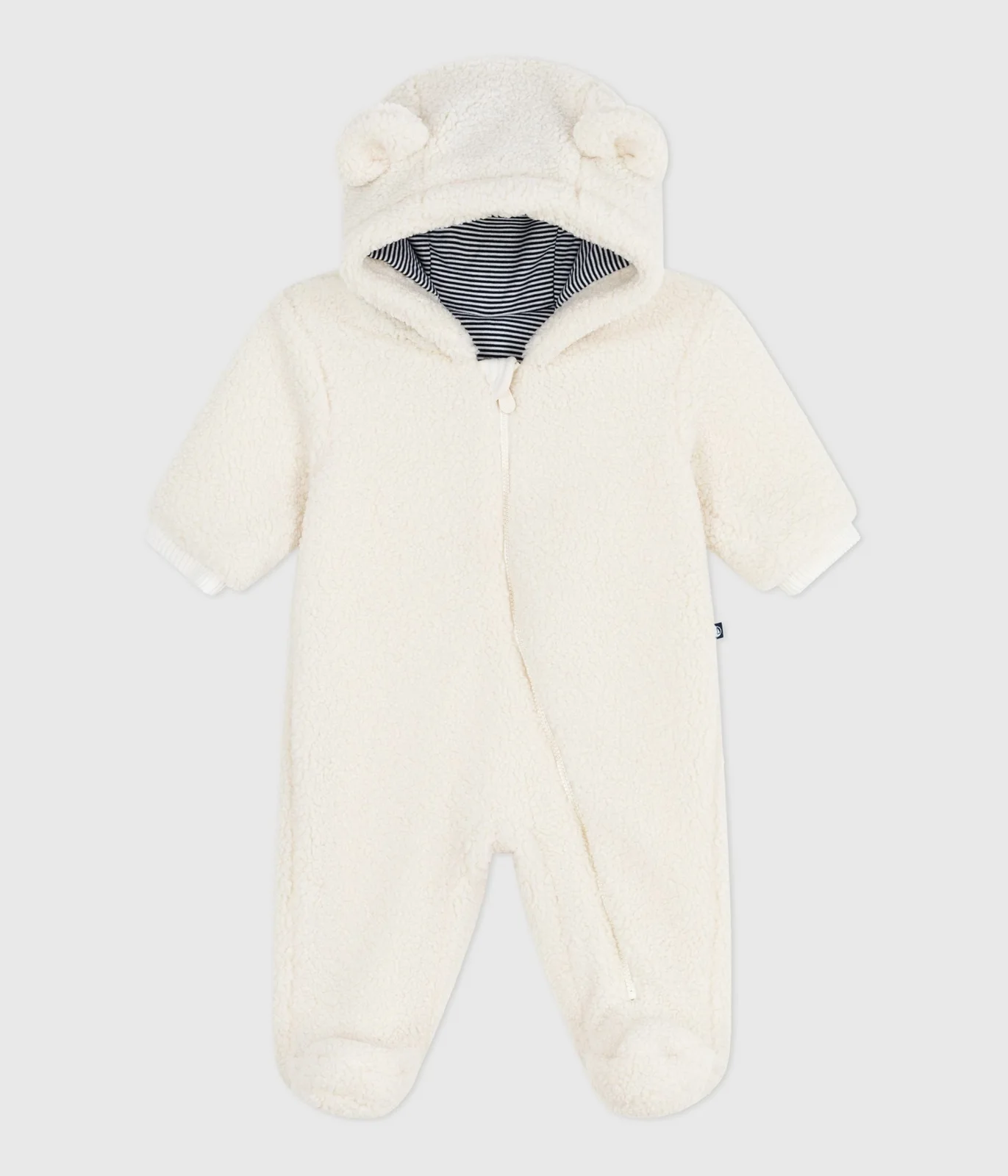 Babies' sherpa snowsuit with ears and a pinstriped lining
