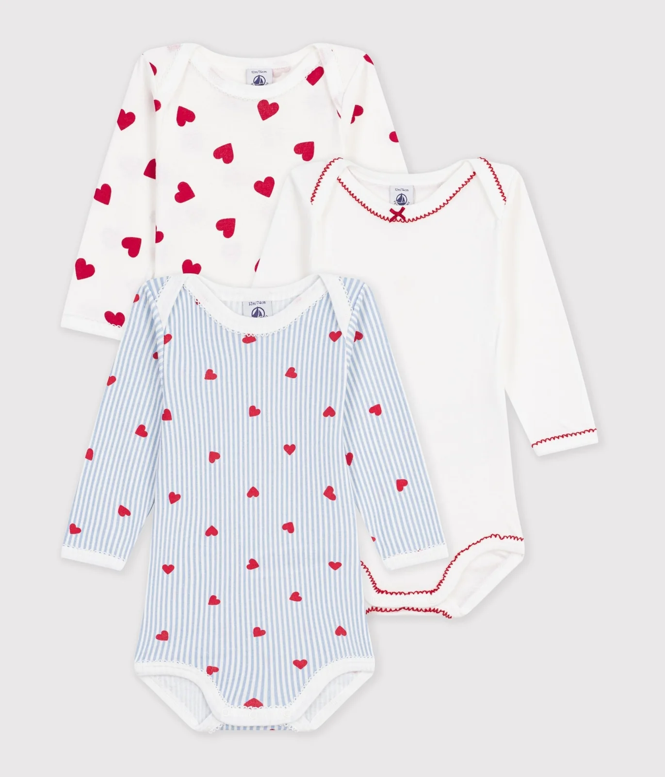 Pack of long-sleeved heart-print cotton bodies for babies