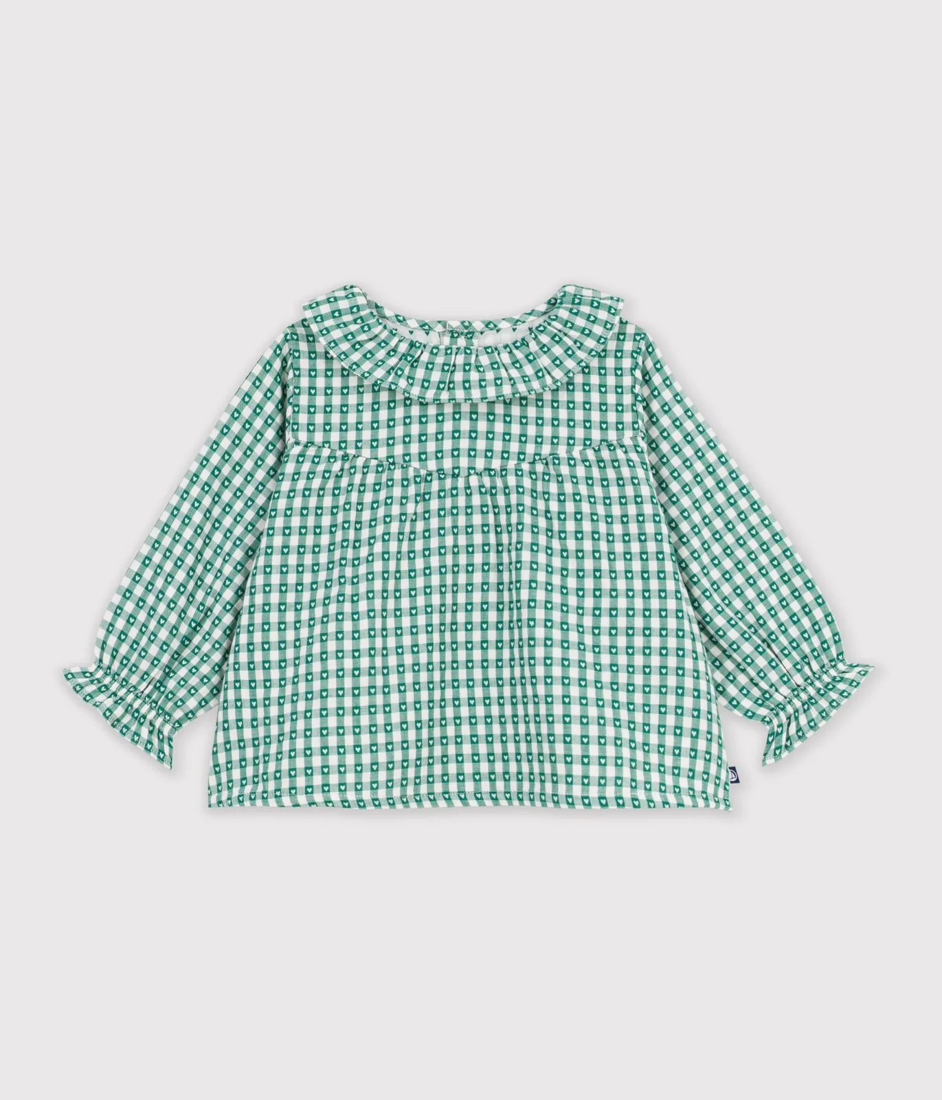Babies' long-sleeved gingham heart-print cotton blouse