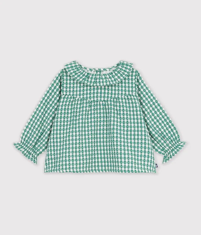 Babies' long-sleeved gingham heart-print cotton blouse