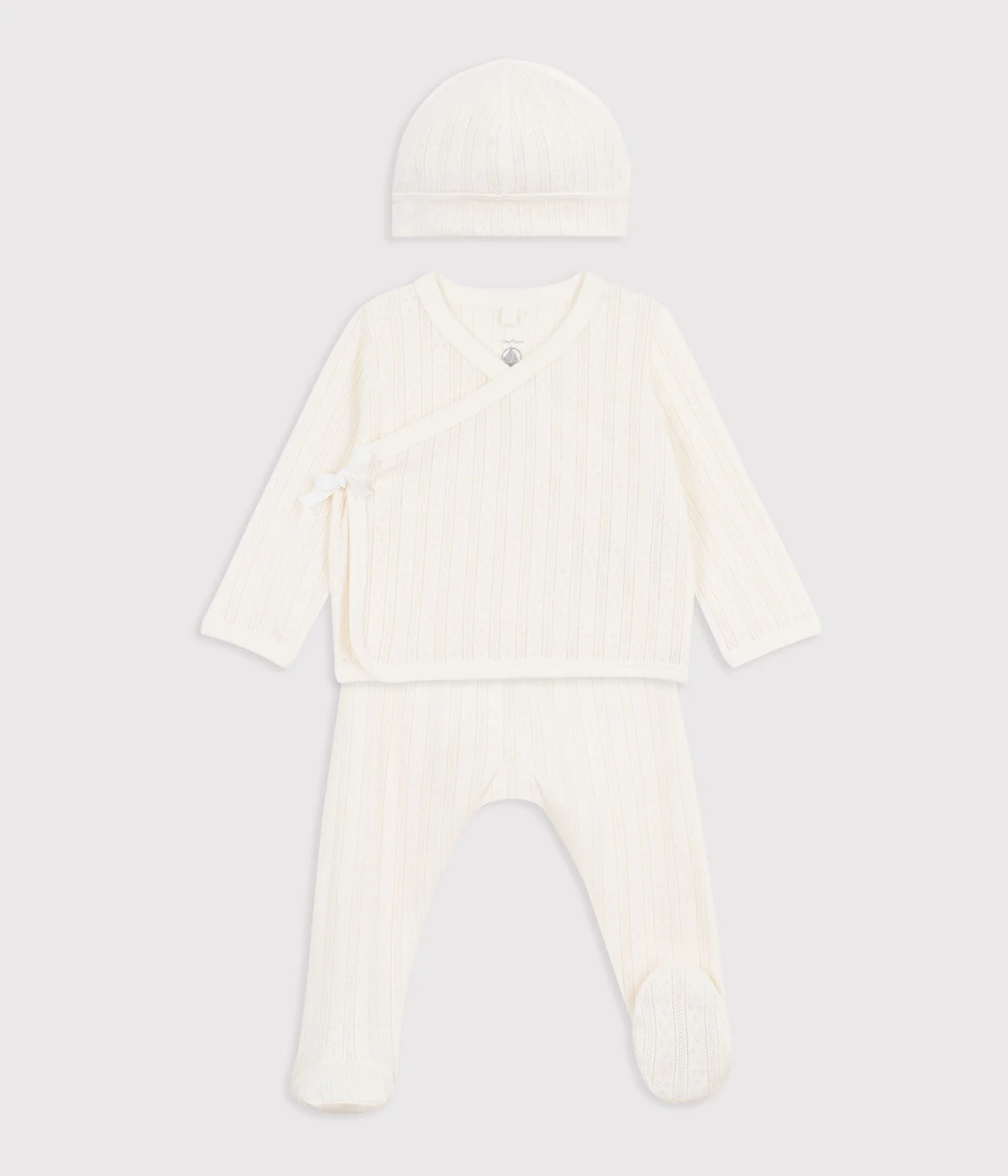 Babies' long 3-piece openwork cotton outfit and hat