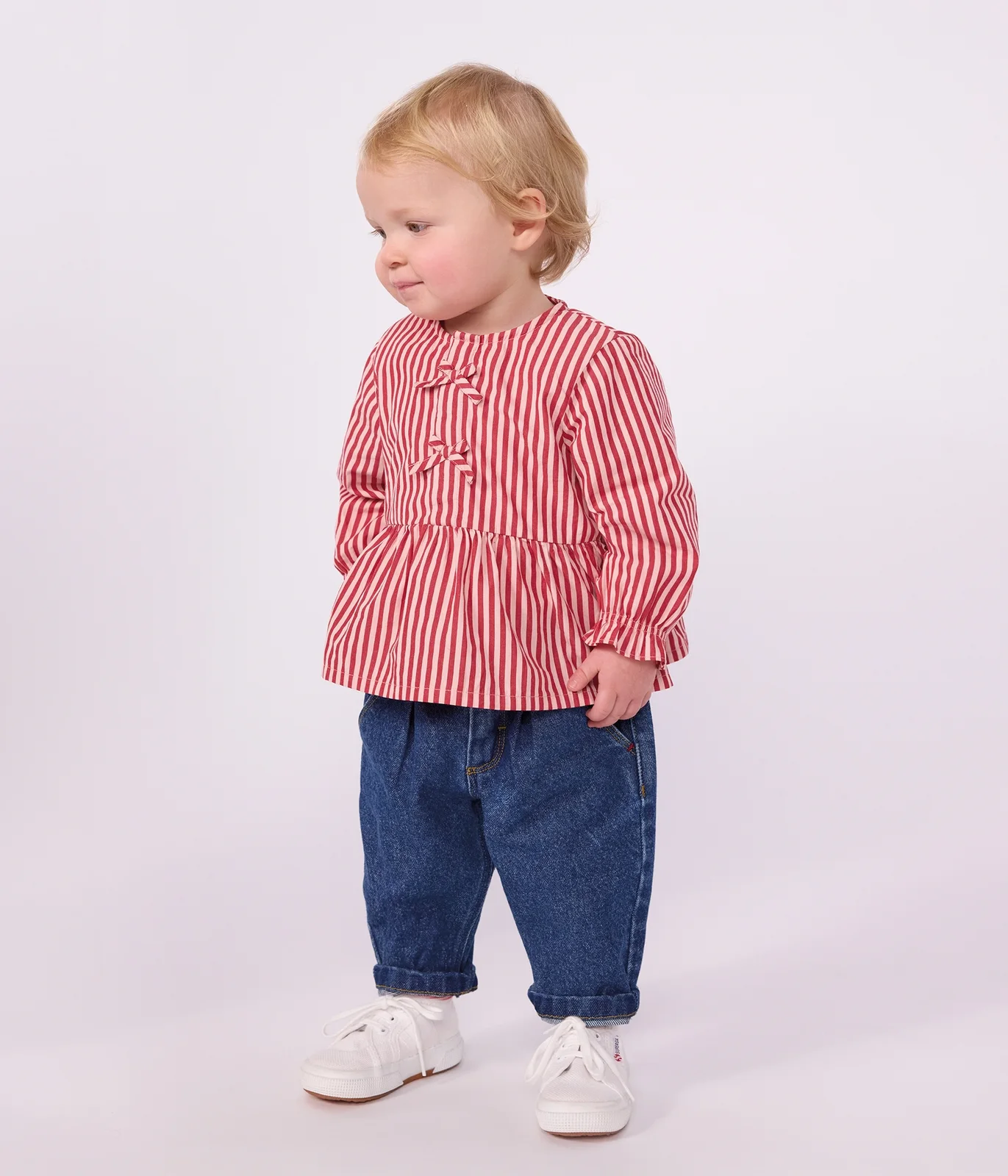 Babies' long-sleeved stripy cotton blouse