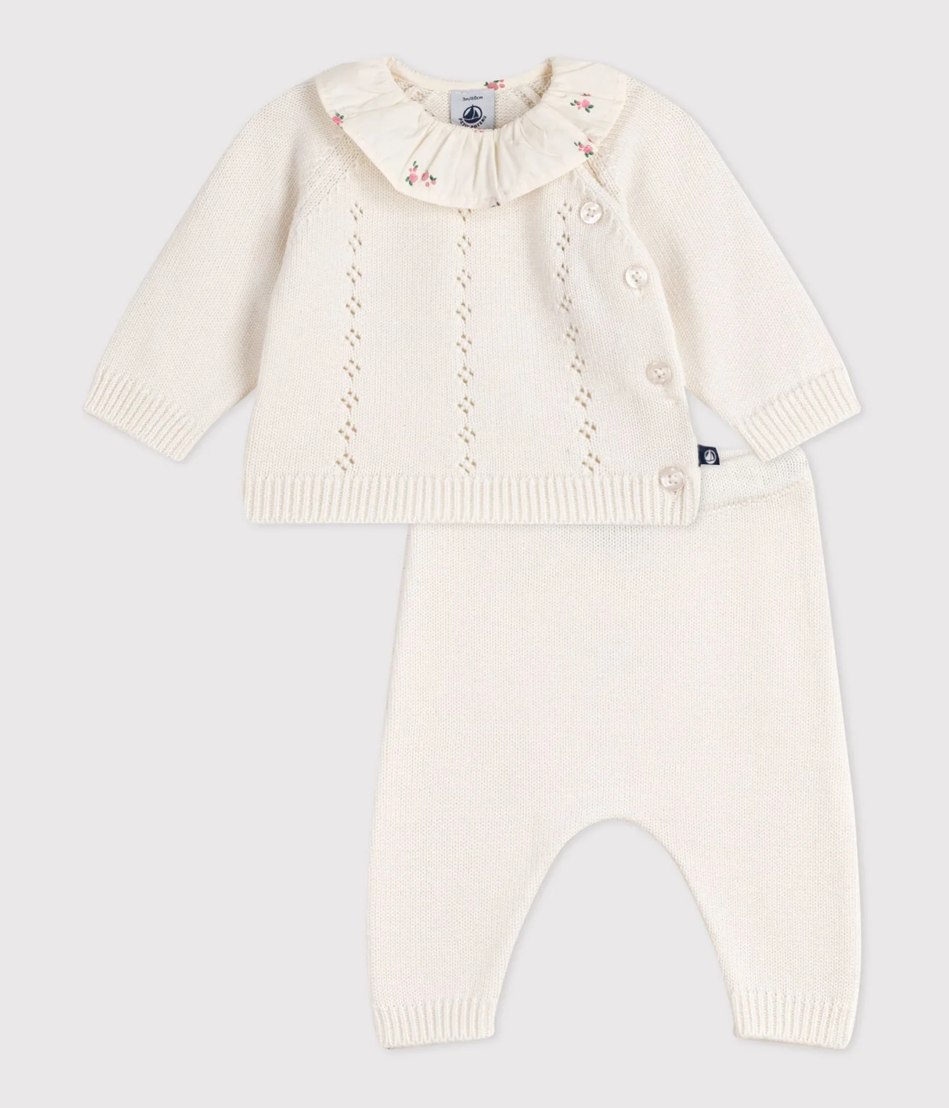 Babies' 2-piece set in wool and cotton with a flower-patterned ruff