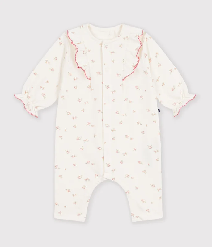 Baby cotton romper with floral print ruffles