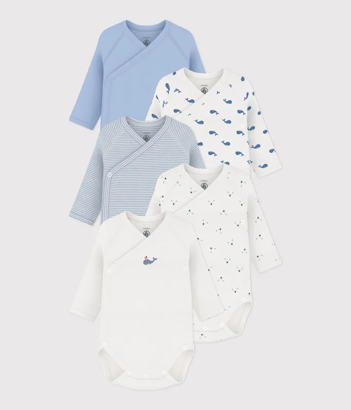 Pack of long-sleeved printed cotton wrapover bodies for babies