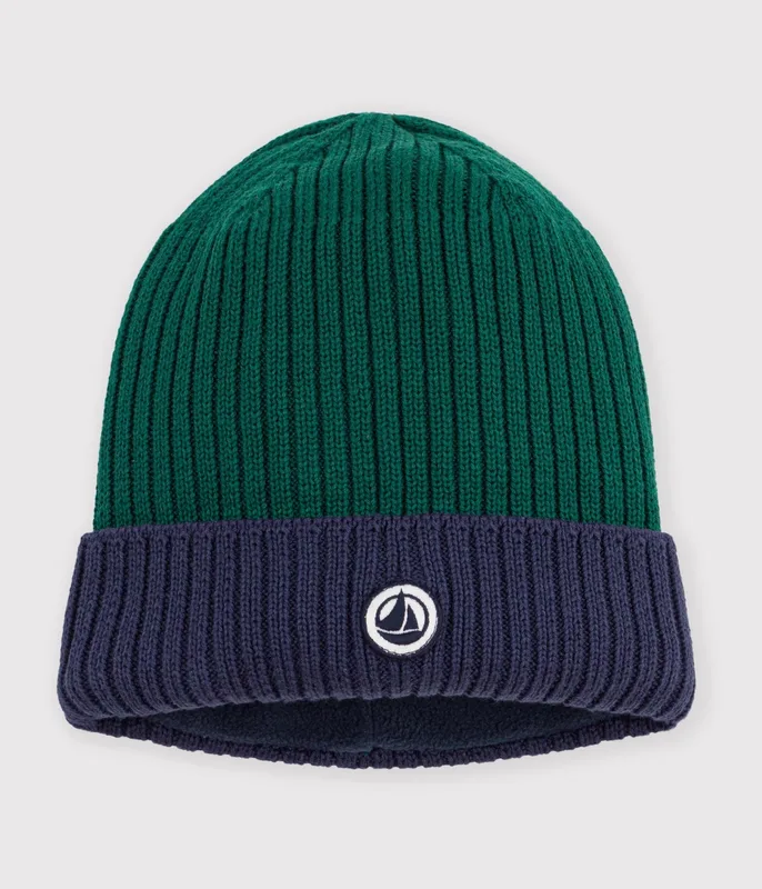 Children's two-colour knitted beanie with a fleece lining