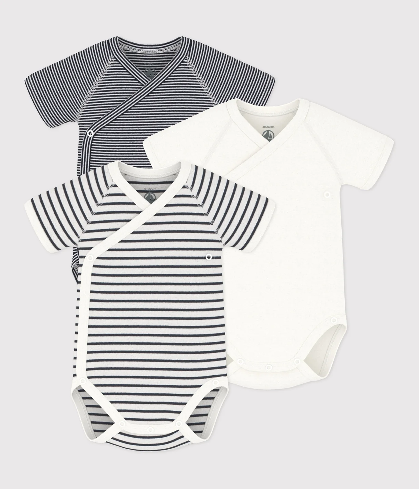 PACK OF 3 SHORT-SLEEVED WRAPOVER BABY BODYSUITS IN STRIPY COTTON