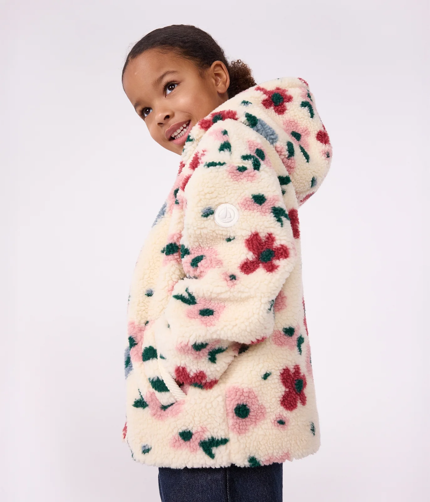 Children's hooded jacket in floral sherpa