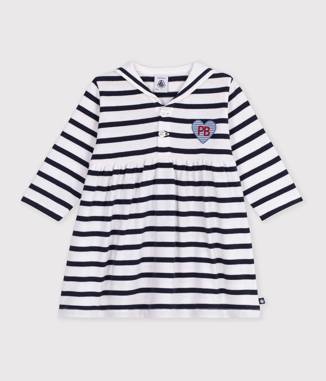 Babies' cotton dress with long sleeves and Breton stripes