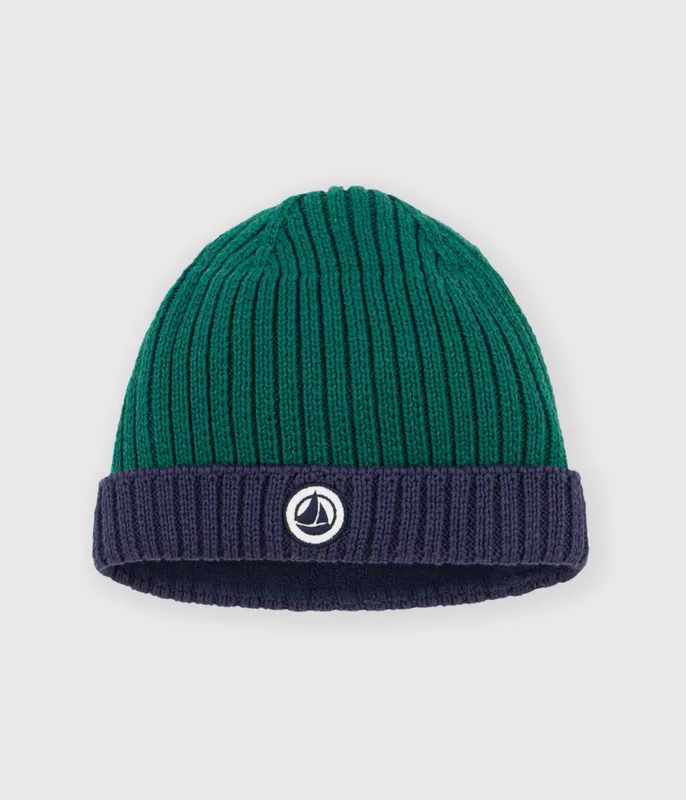 Babies' two-colour knitted beanie with a fleece lining