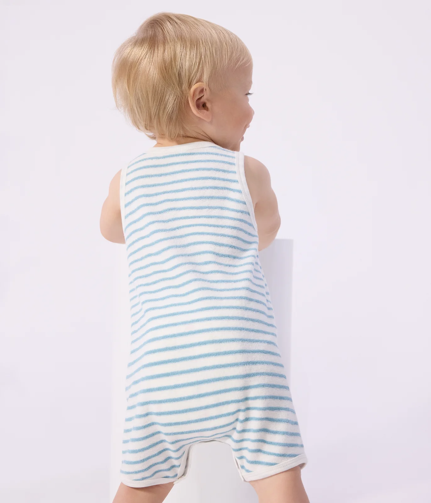 Babies' sleeveless short jumpsuit in stripy cotton terry towelling