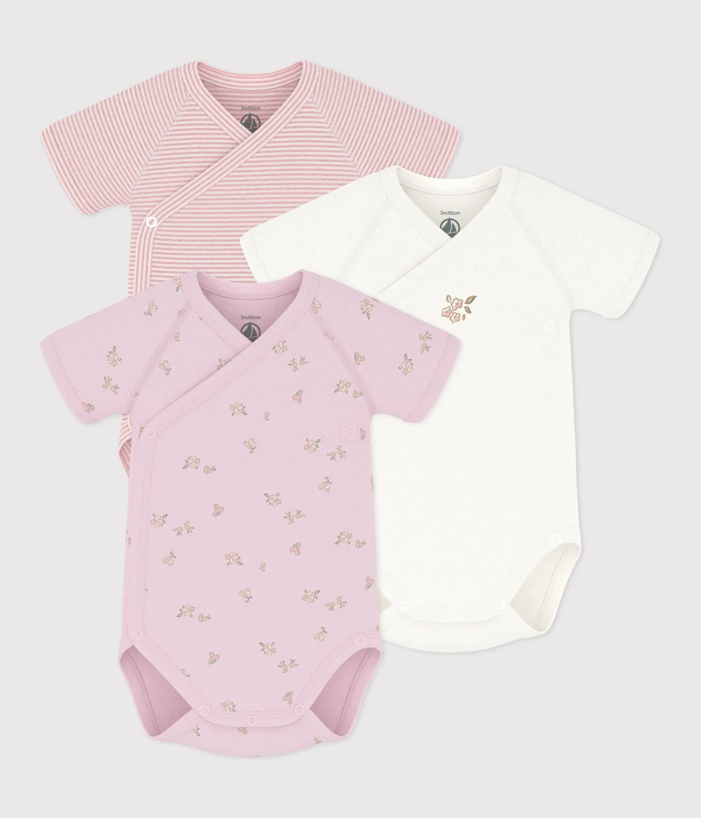 Pack of babies' short-sleeved printed cotton wrapover bodies