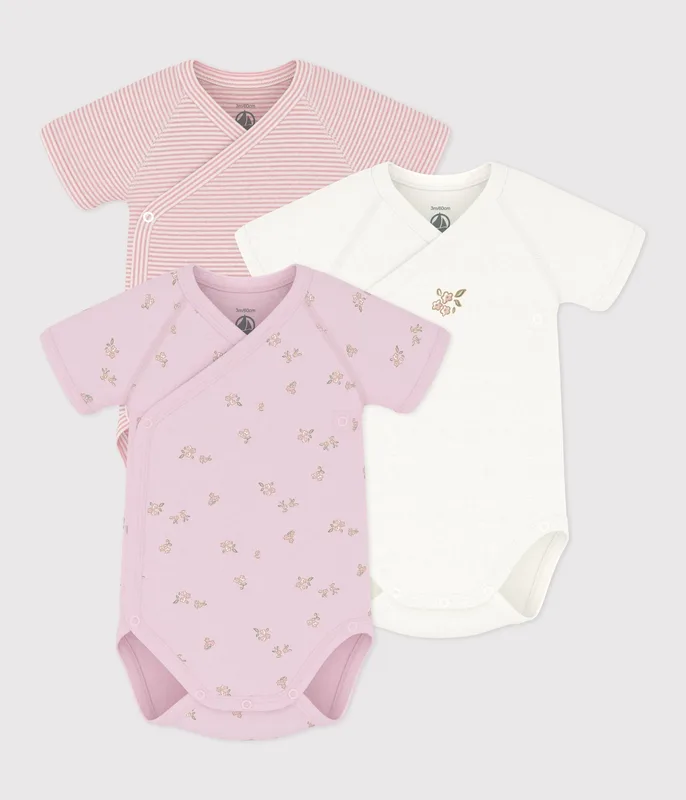 Pack of babies' short-sleeved printed cotton wrapover bodies
