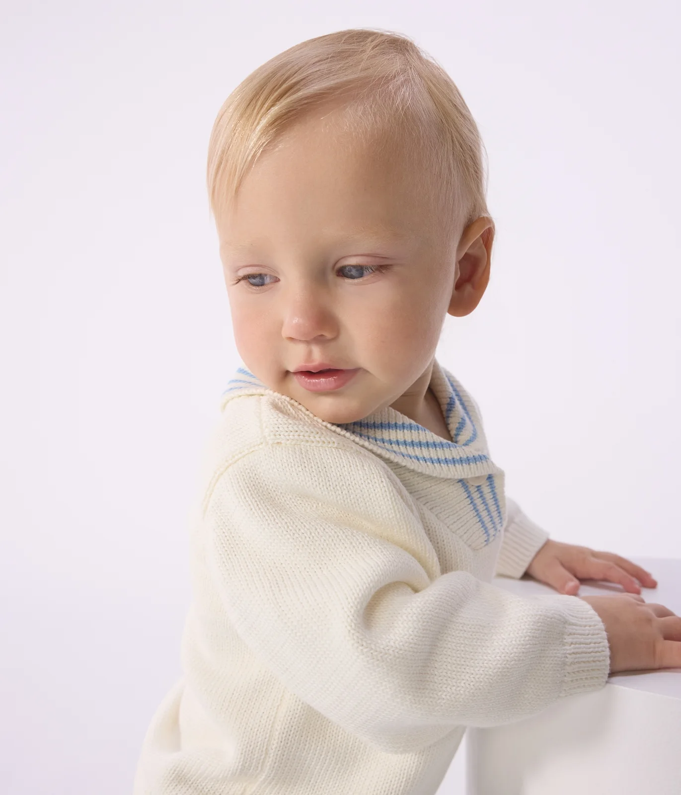 Babies' stripy cotton jumper with a shawl collar