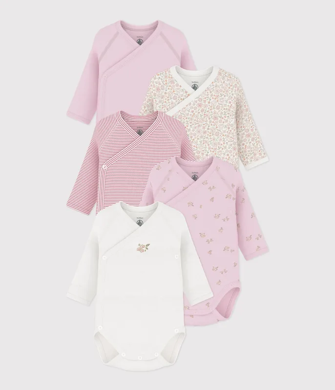 Pack of long-sleeved printed cotton wrapover bodies for babies