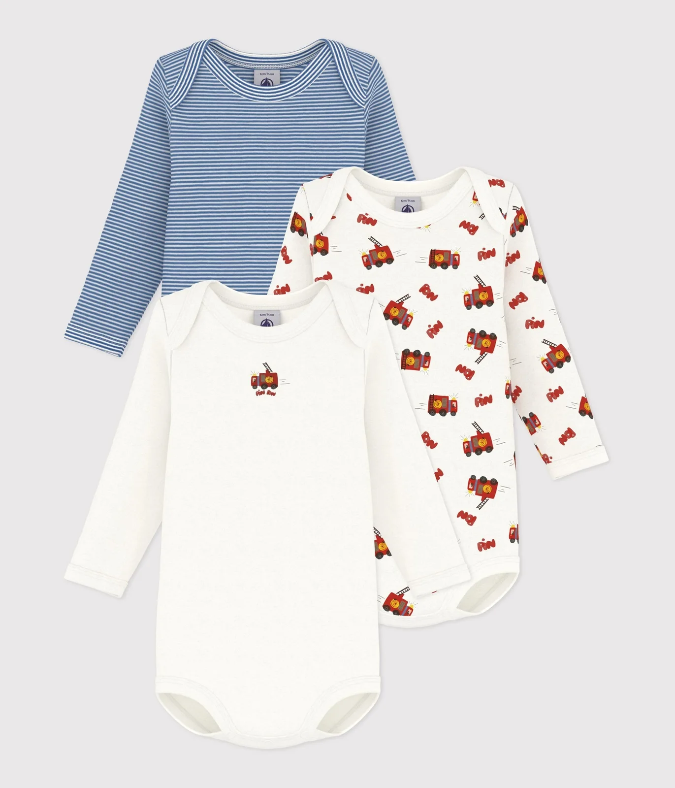 Pack of babies' long-sleeved cotton bodies with a firefighter print