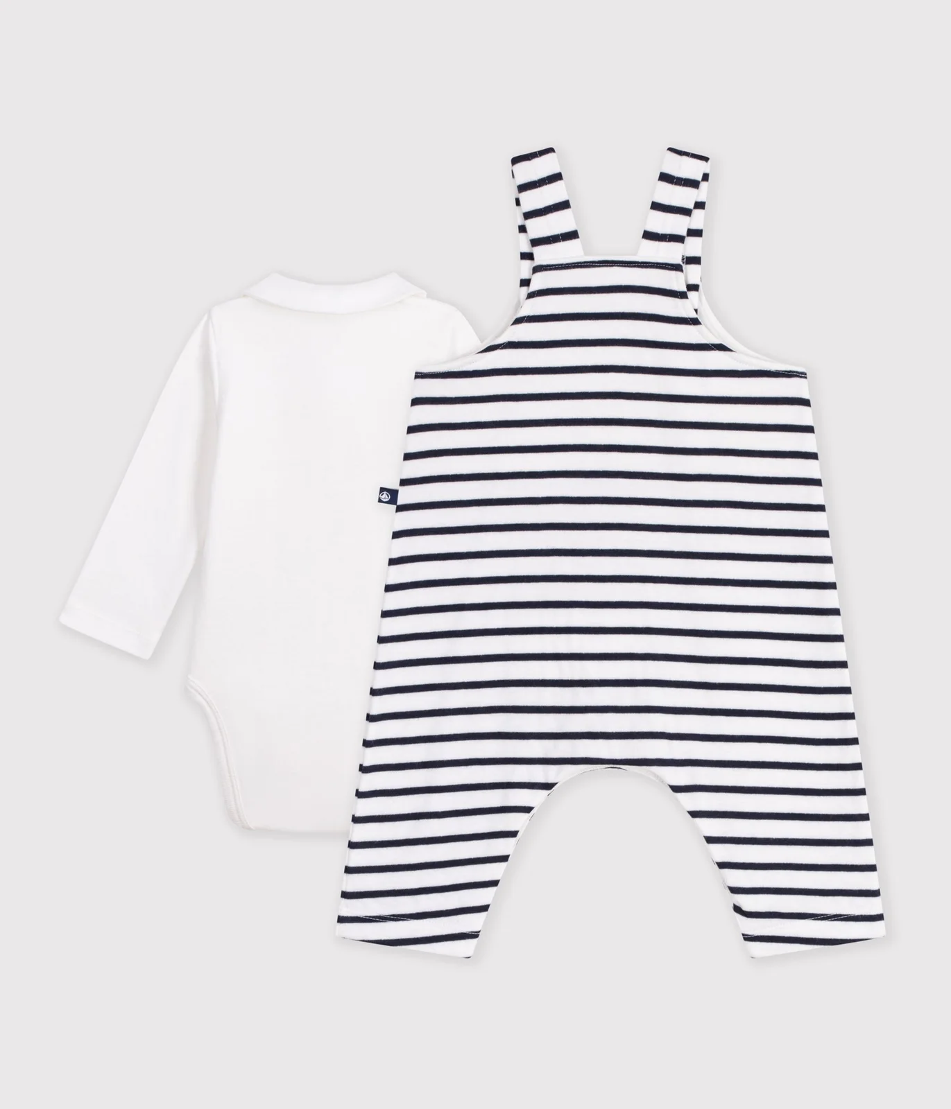 Babies' stripy cotton dungarees and collared body set