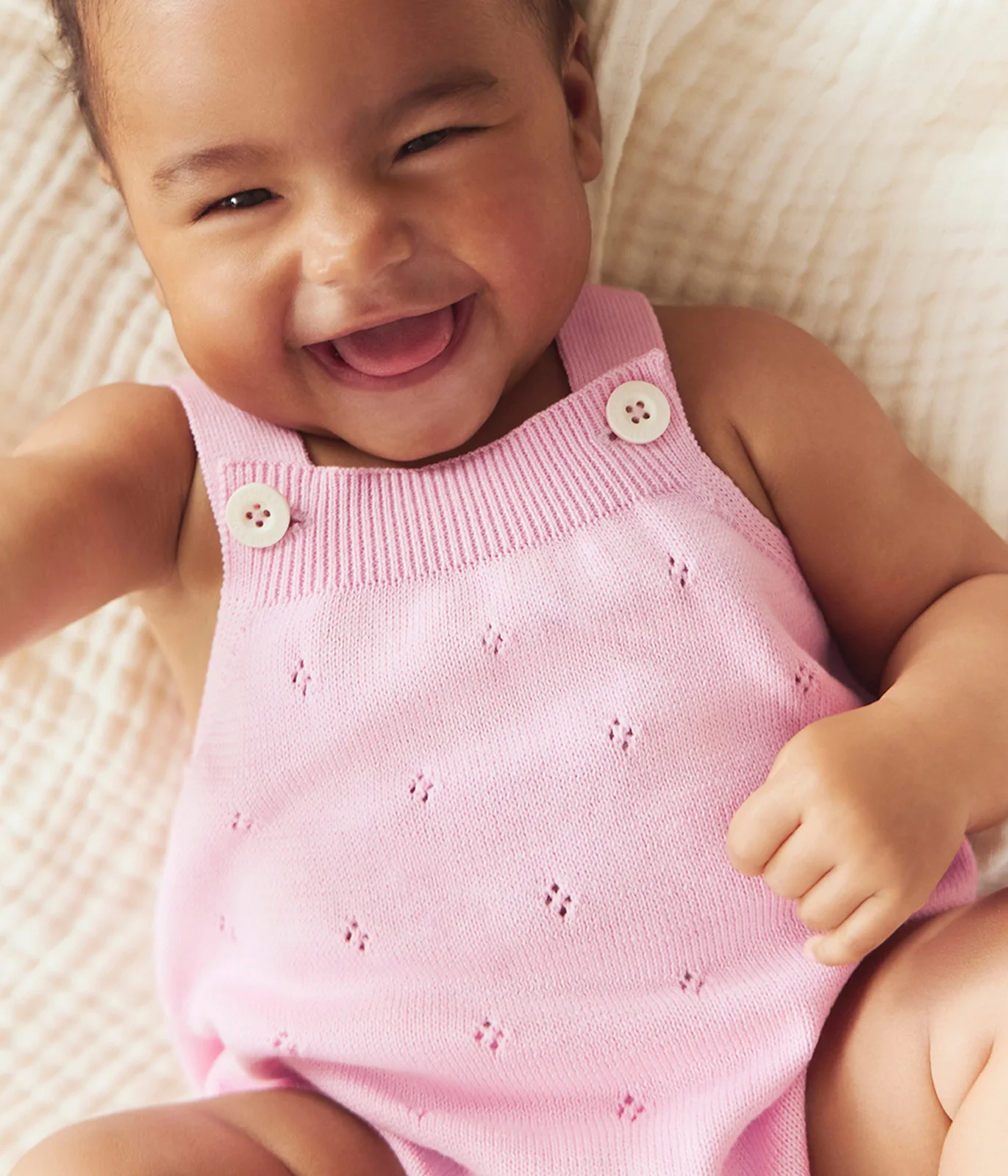 Babies' short openwork knit cotton playsuit