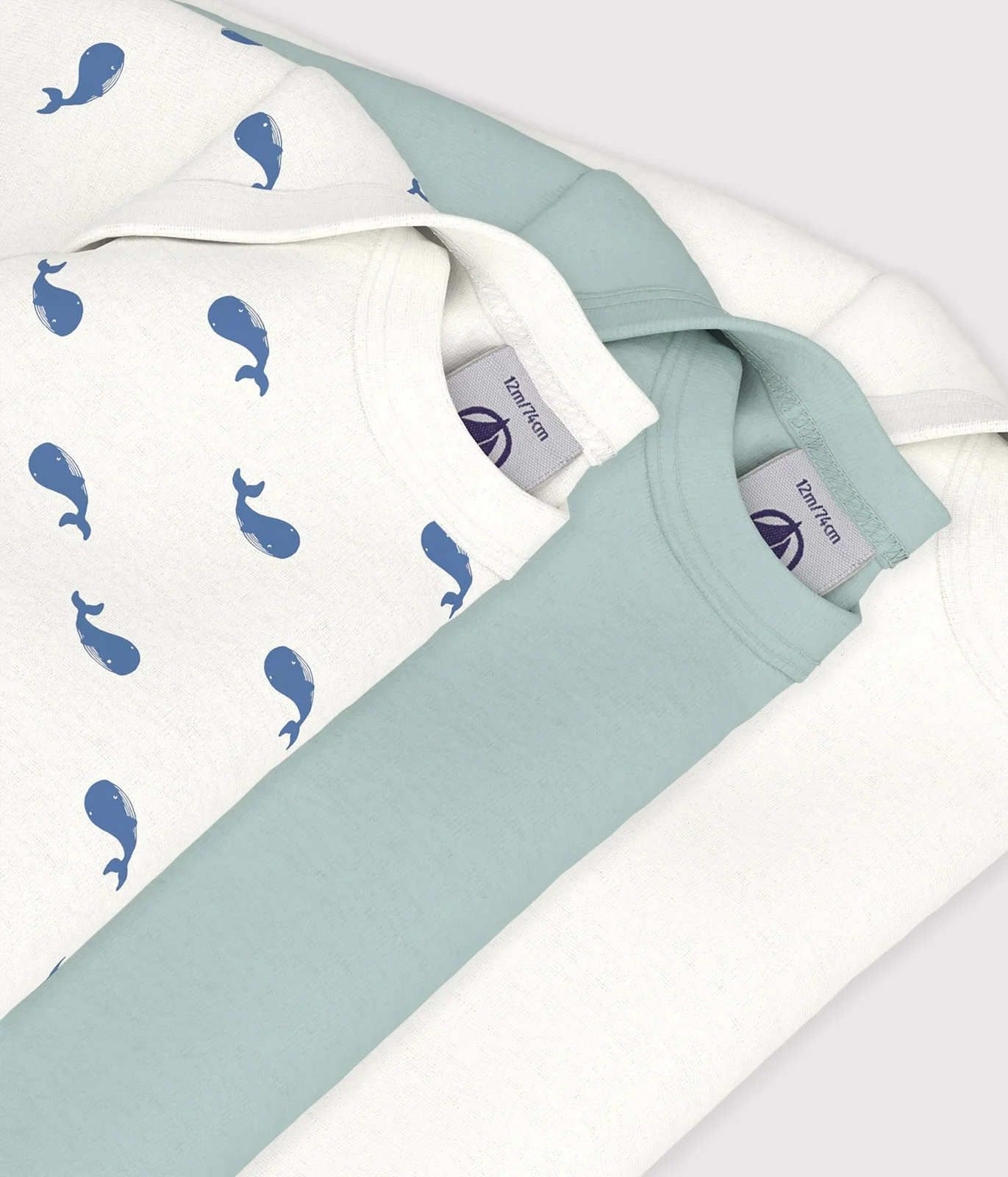 Pack of babies' long-sleeved whale-print cotton bodies