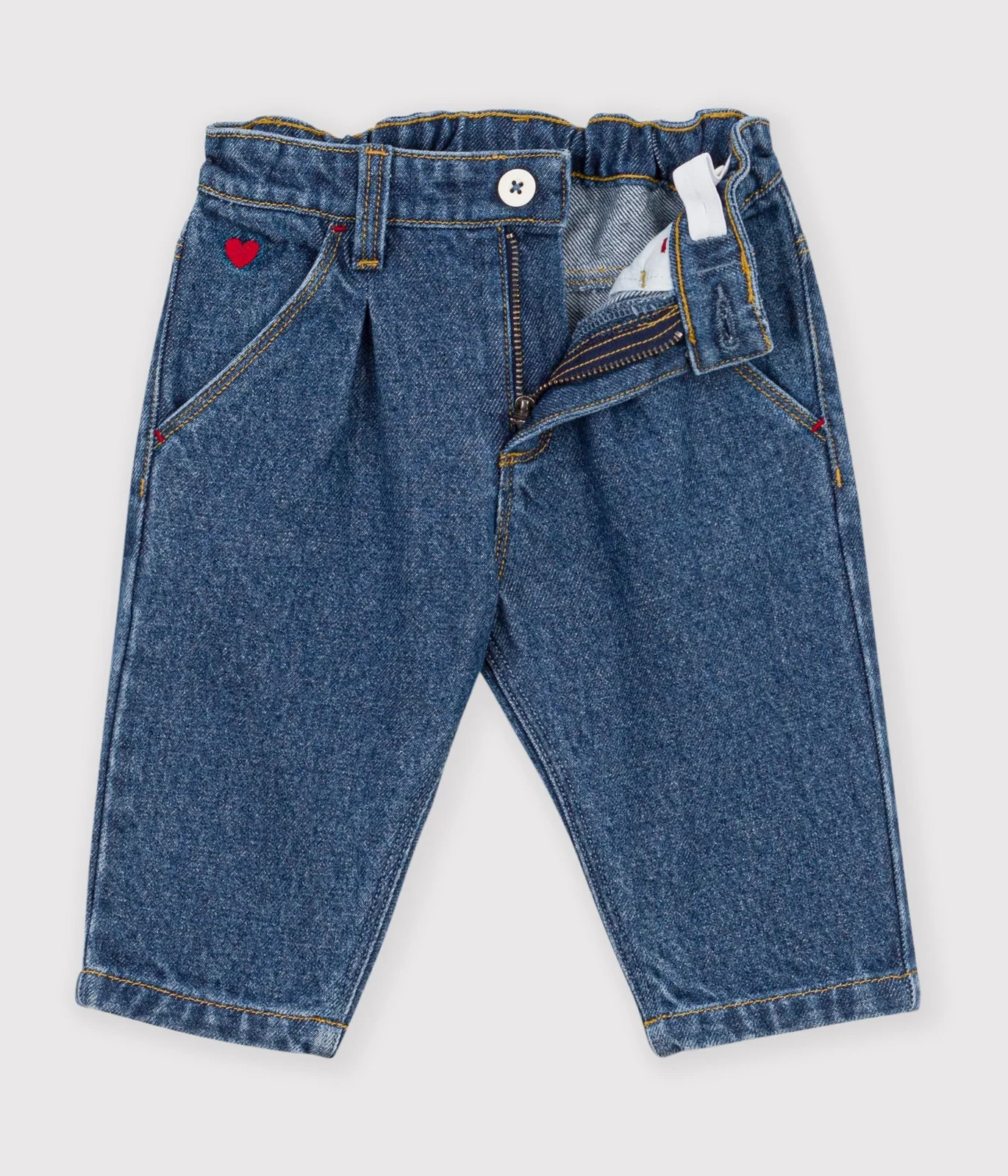 Babies' trousers in plain denim with heart embroidery