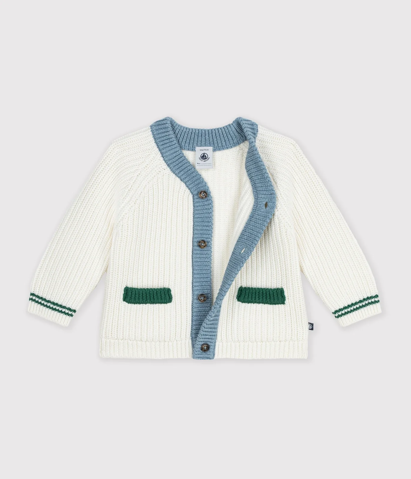 Babies' wool and cotton knit cardigan with contrast details