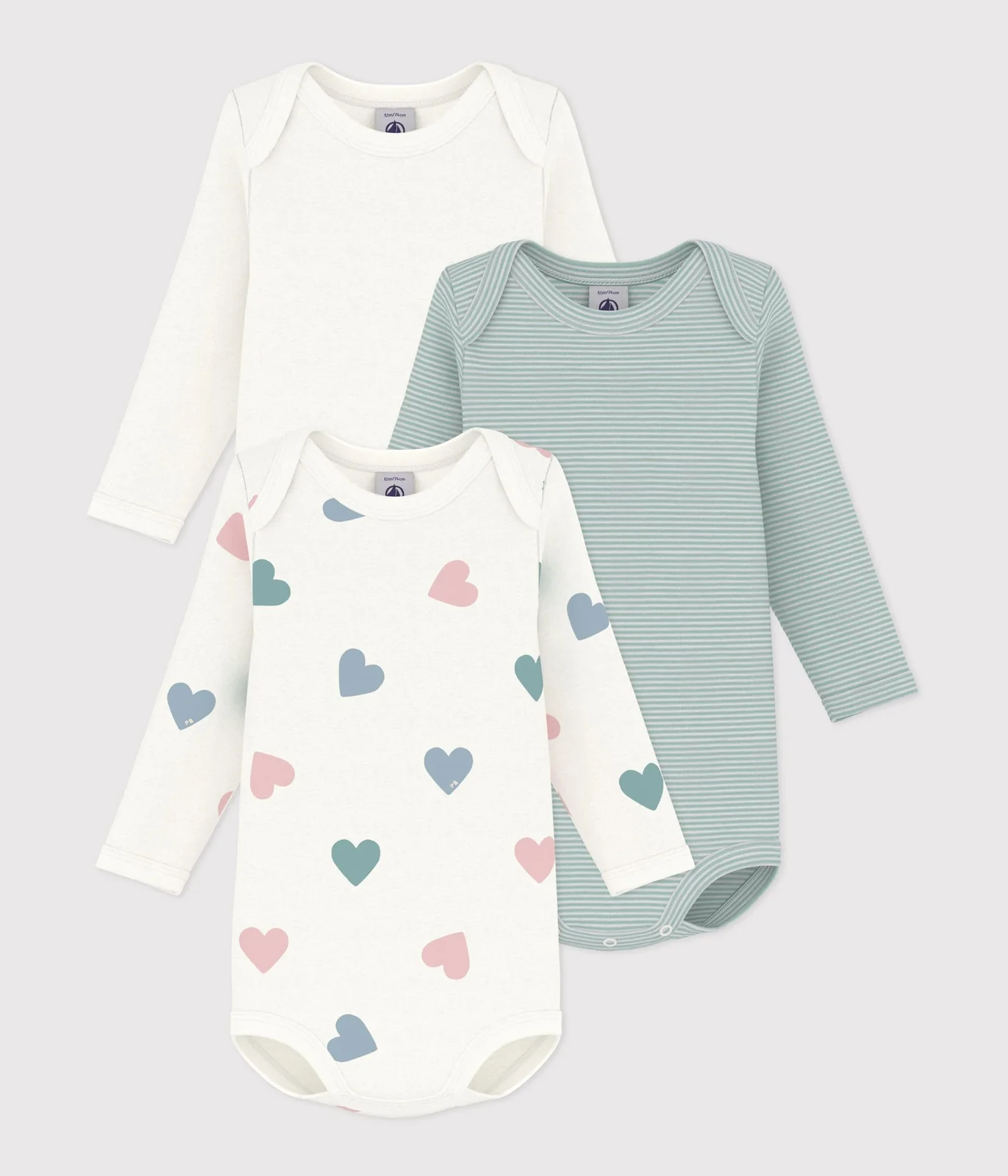 Set of long-sleeved baby bodysuits in cotton with heart print