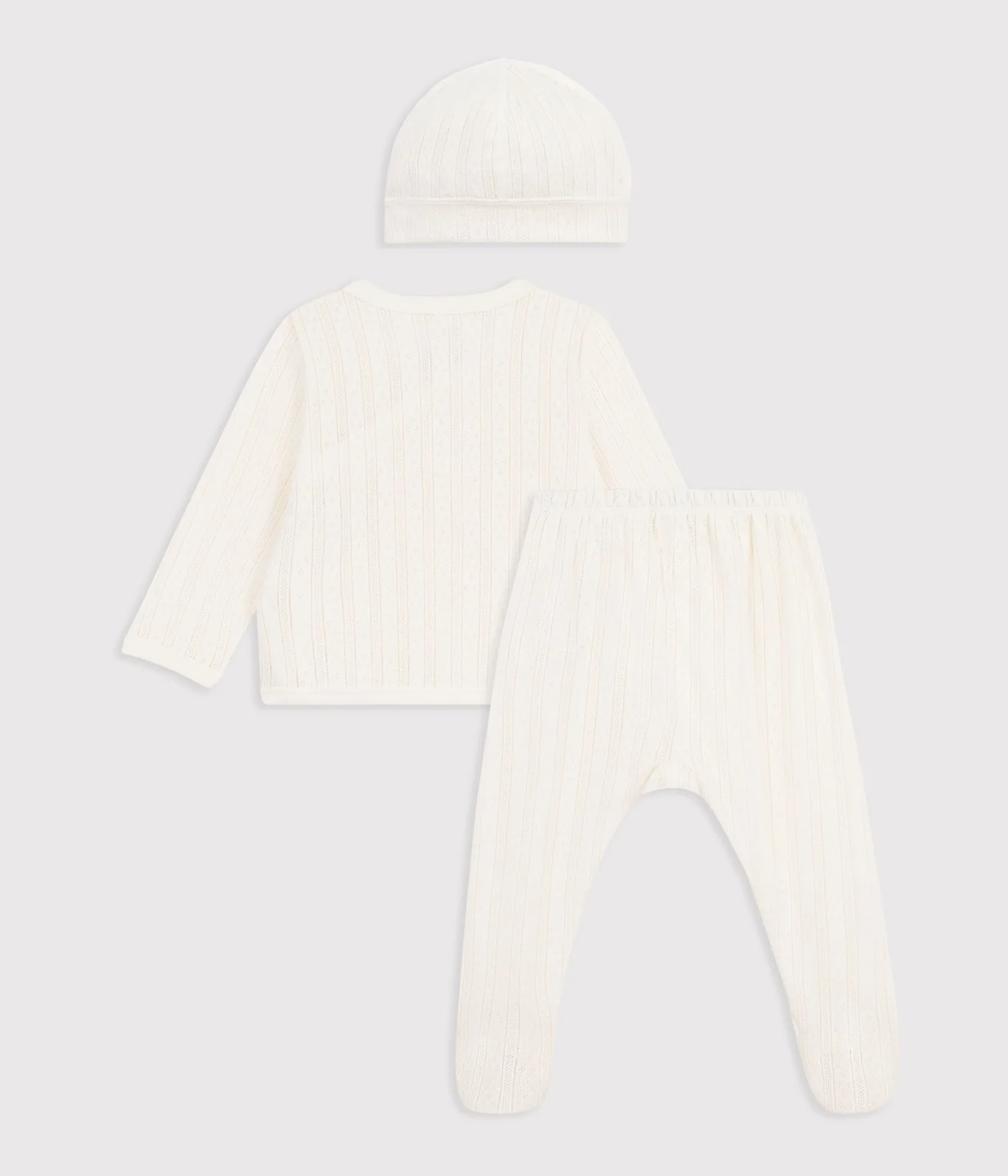 Babies' long 3-piece openwork cotton outfit and hat