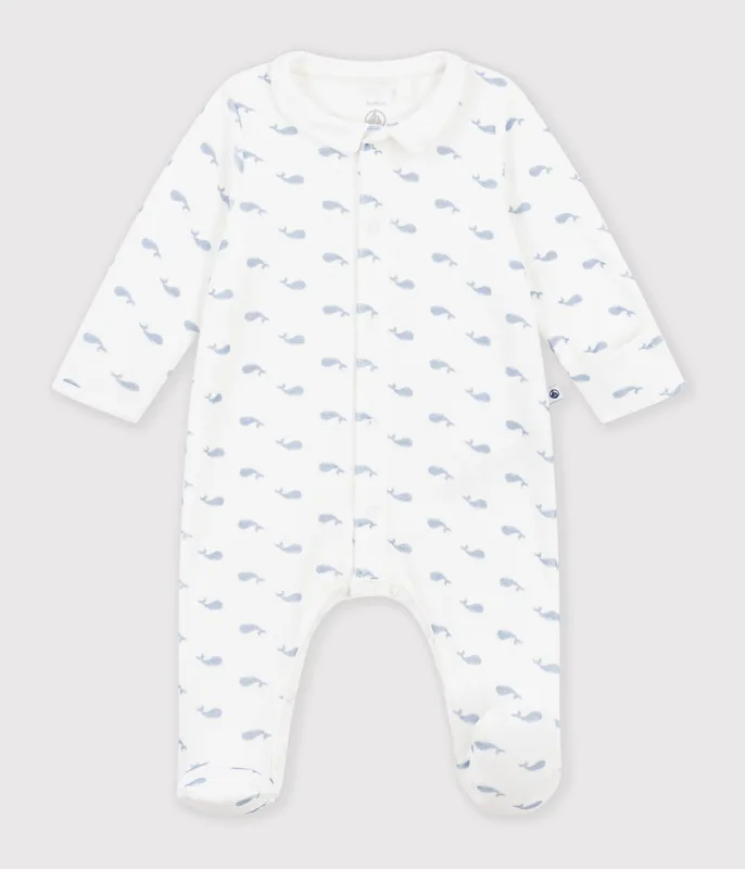 Babies' whale-print velour pyjama suit with a collar