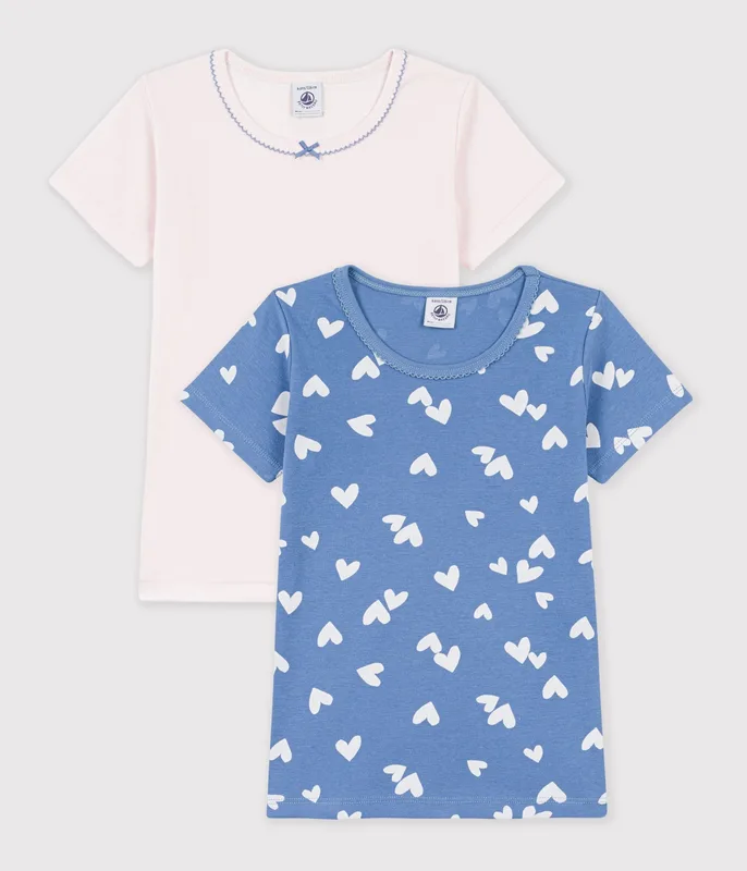 Pack of children's short-sleeved cotton T-shirts with hearts