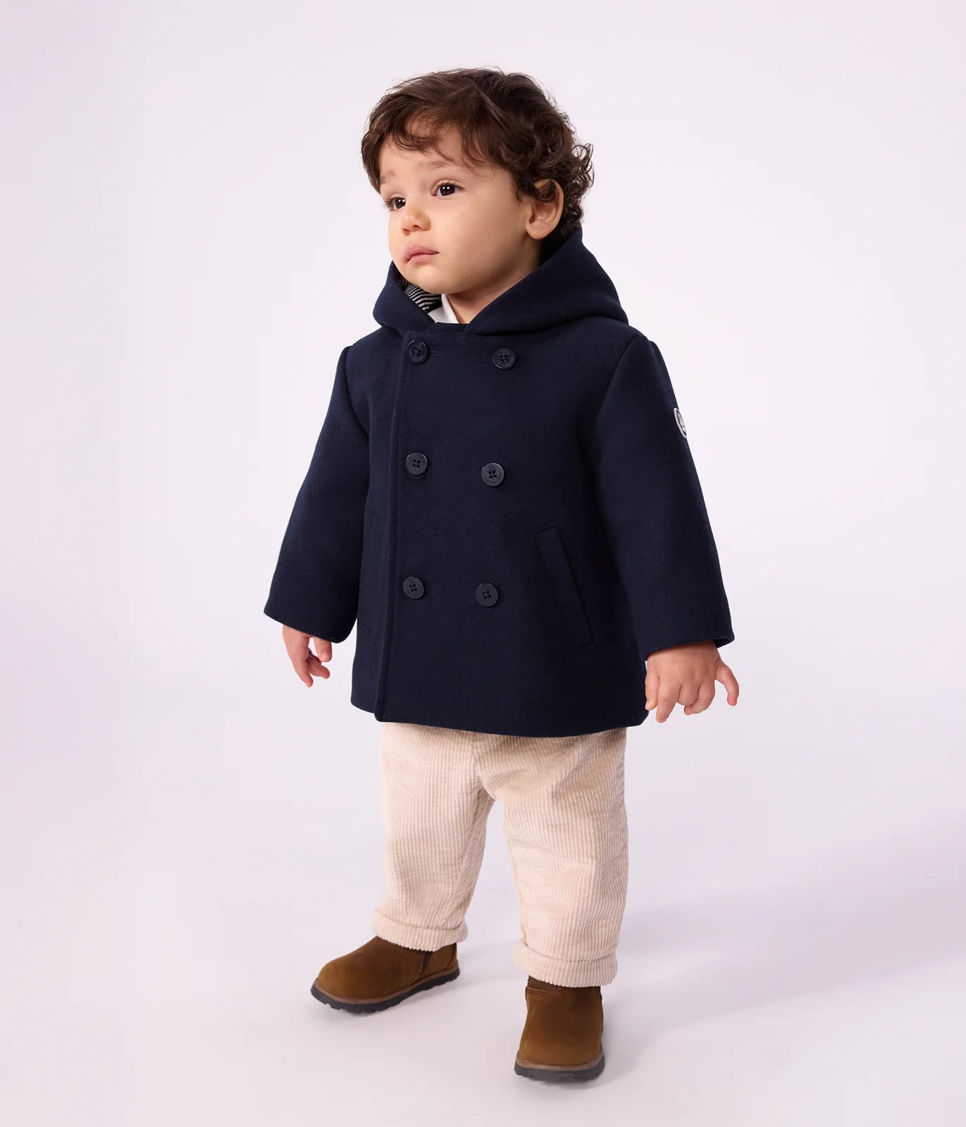 Babies' pea coat in plain woollen broadcloth