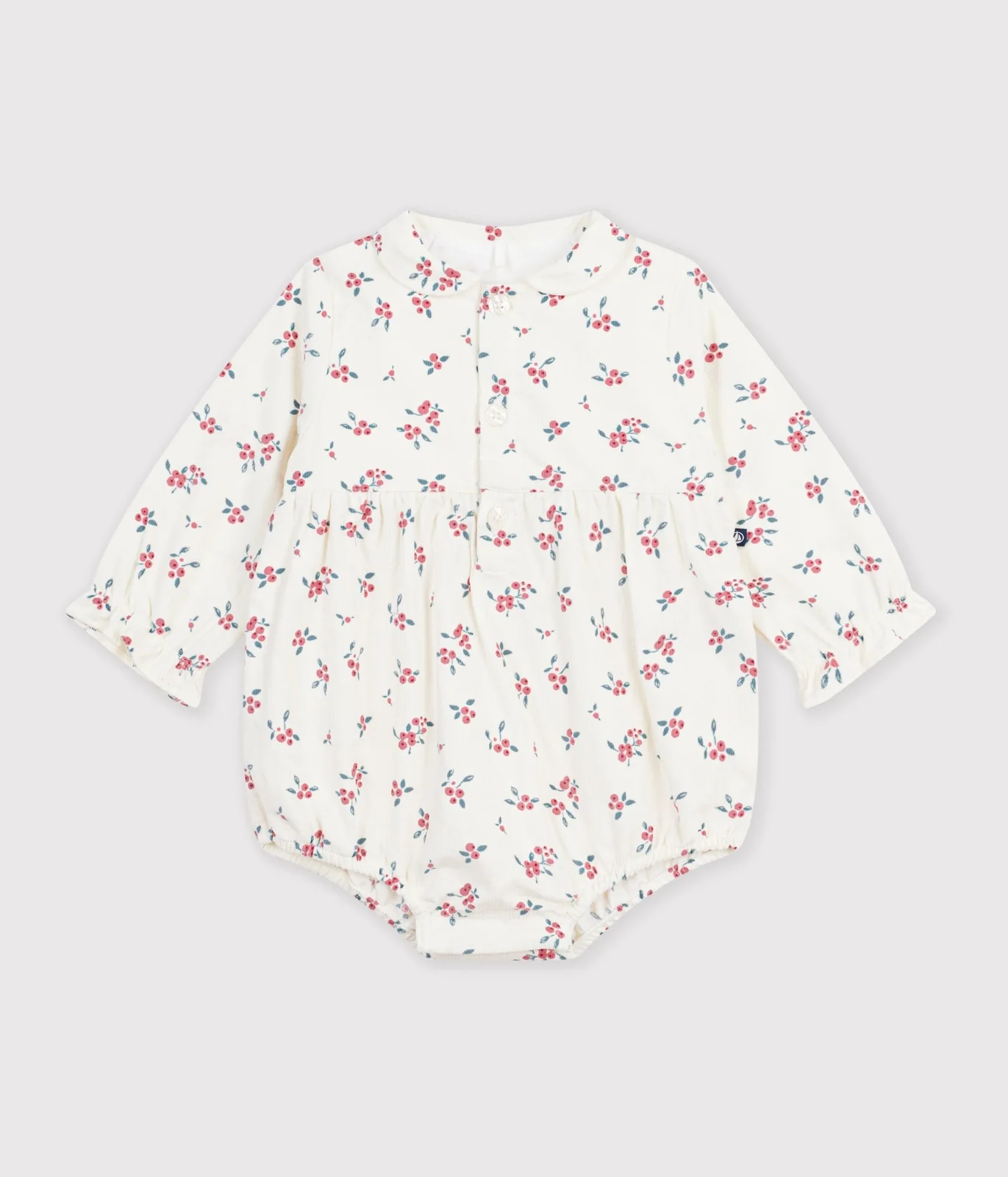 Short baby romper in fine velvet, with a blueberry print collar