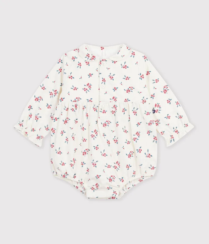Short baby romper in fine velvet, with a blueberry print collar