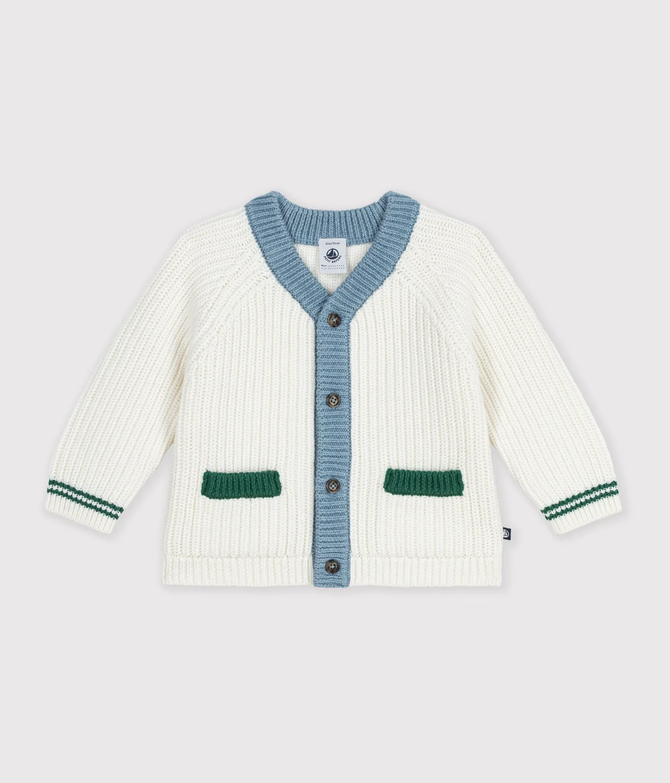 Babies' wool and cotton knit cardigan with contrast details