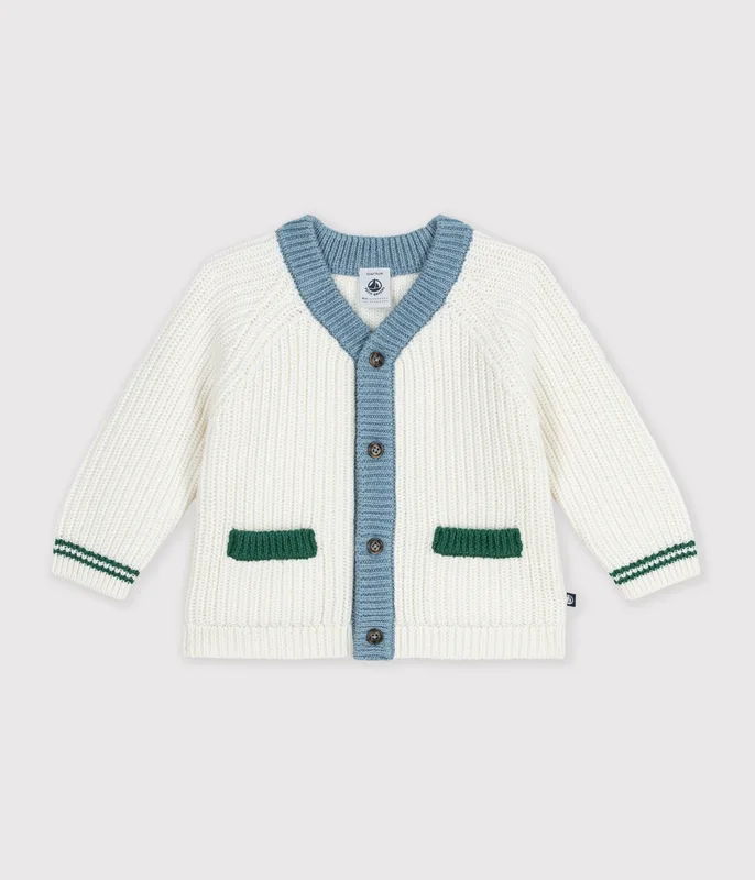 Babies' wool and cotton knit cardigan with contrast details