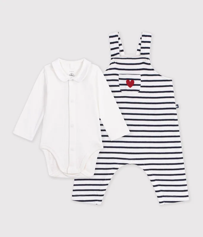 Babies' stripy cotton dungarees and collared body set