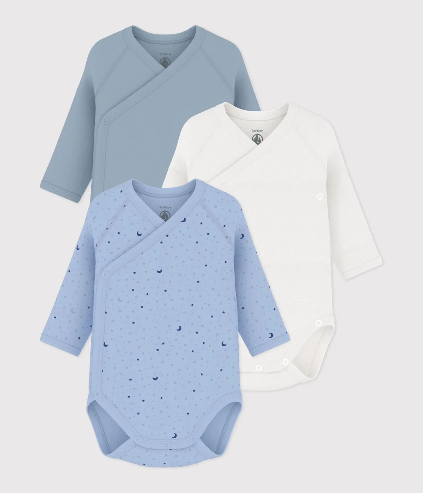 Pack of long-sleeved printed cotton wrapover bodies for babies